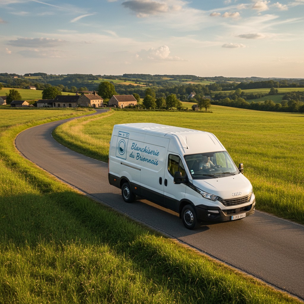 Route de campagne pour livraison du linge avec fourgon blanc avec logo machine à laver "Blanchisserie du brionnais" écrit en bleu